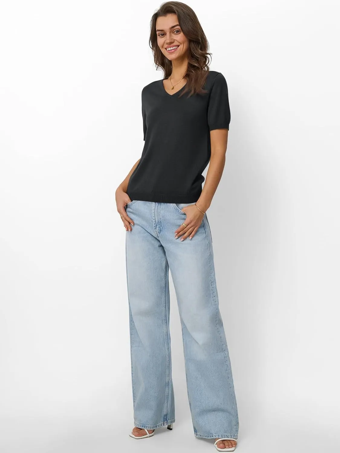 LILLUSORY Womens Short Sleeve Sweaters V Neck Tops Business Casual Lightweight Knit Comfy Blouses Summer Fashion Outfits 2025