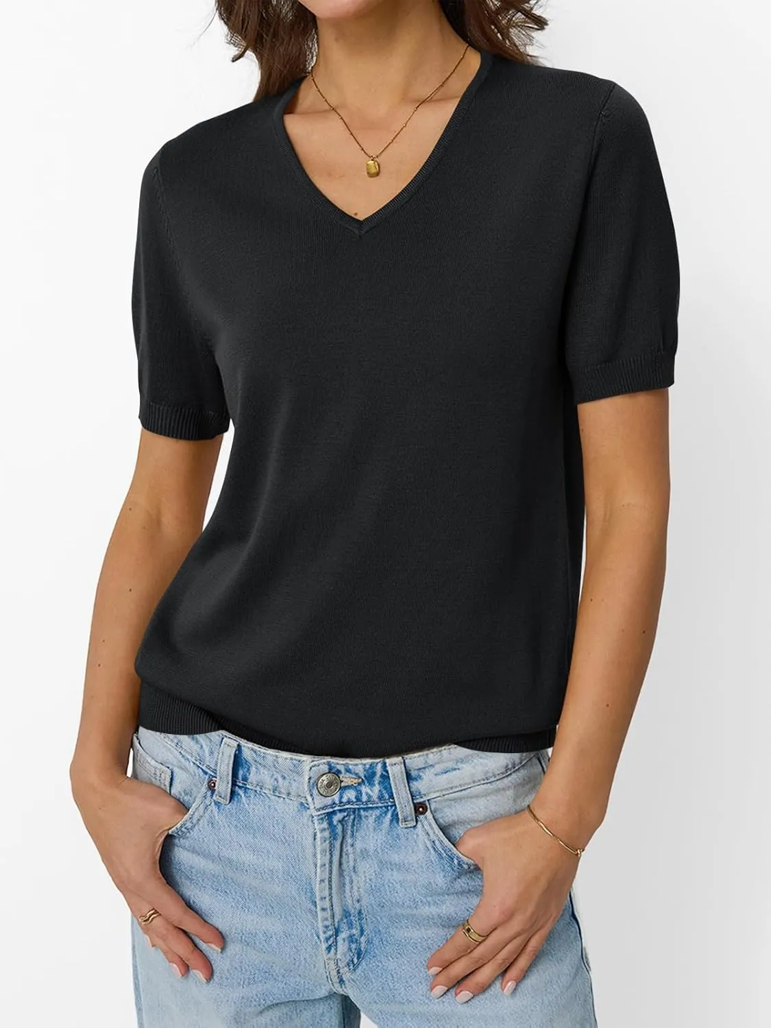 LILLUSORY Womens Short Sleeve Sweaters V Neck Tops Business Casual Lightweight Knit Comfy Blouses Summer Fashion Outfits 2025