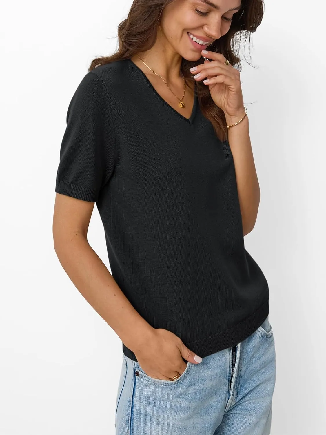 LILLUSORY Womens Short Sleeve Sweaters V Neck Tops Business Casual Lightweight Knit Comfy Blouses Summer Fashion Outfits 2025