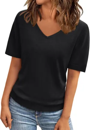 LILLUSORY Womens Short Sleeve Sweaters V Neck Tops Business Casual Lightweight Knit Comfy Blouses Summer Fashion Outfits 2025