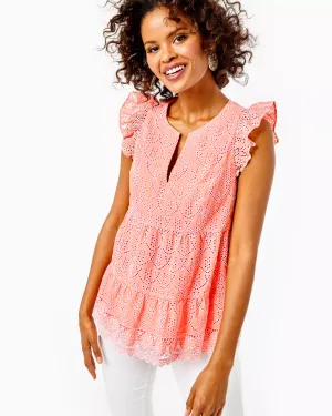 Lilly Pulitzer Keila Top Peach Hyacinth Floral Arch Eyelet