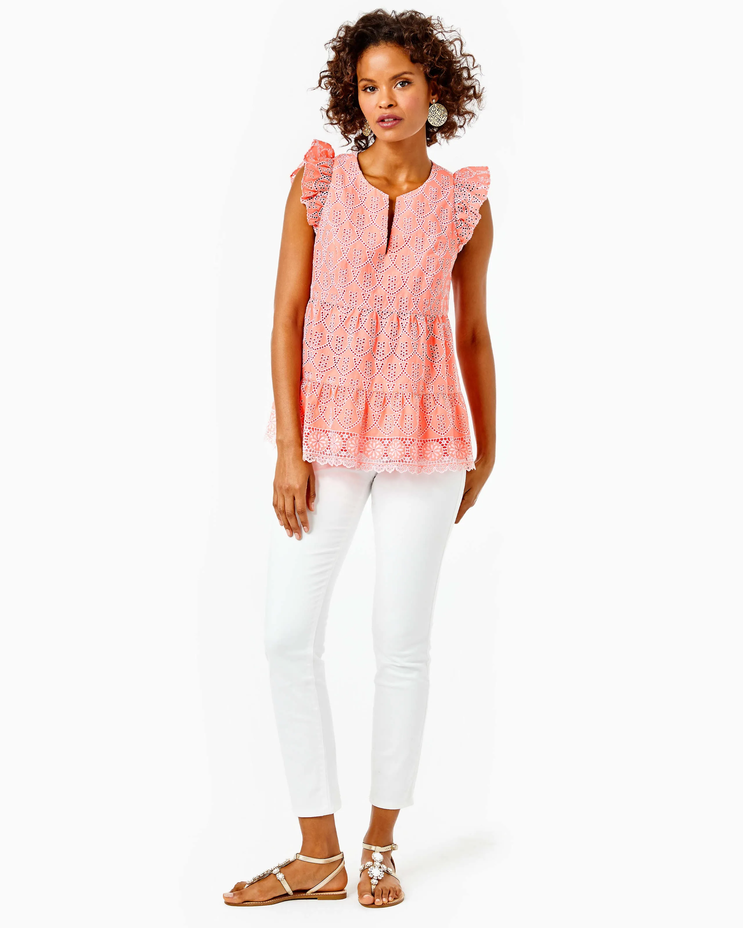 Lilly Pulitzer Keila Top Peach Hyacinth Floral Arch Eyelet