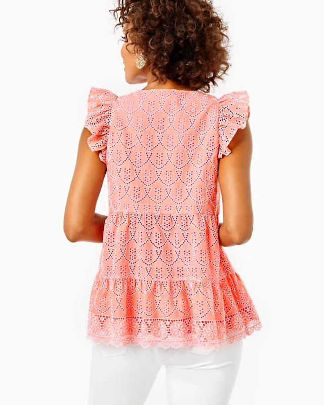 Lilly Pulitzer Keila Top Peach Hyacinth Floral Arch Eyelet