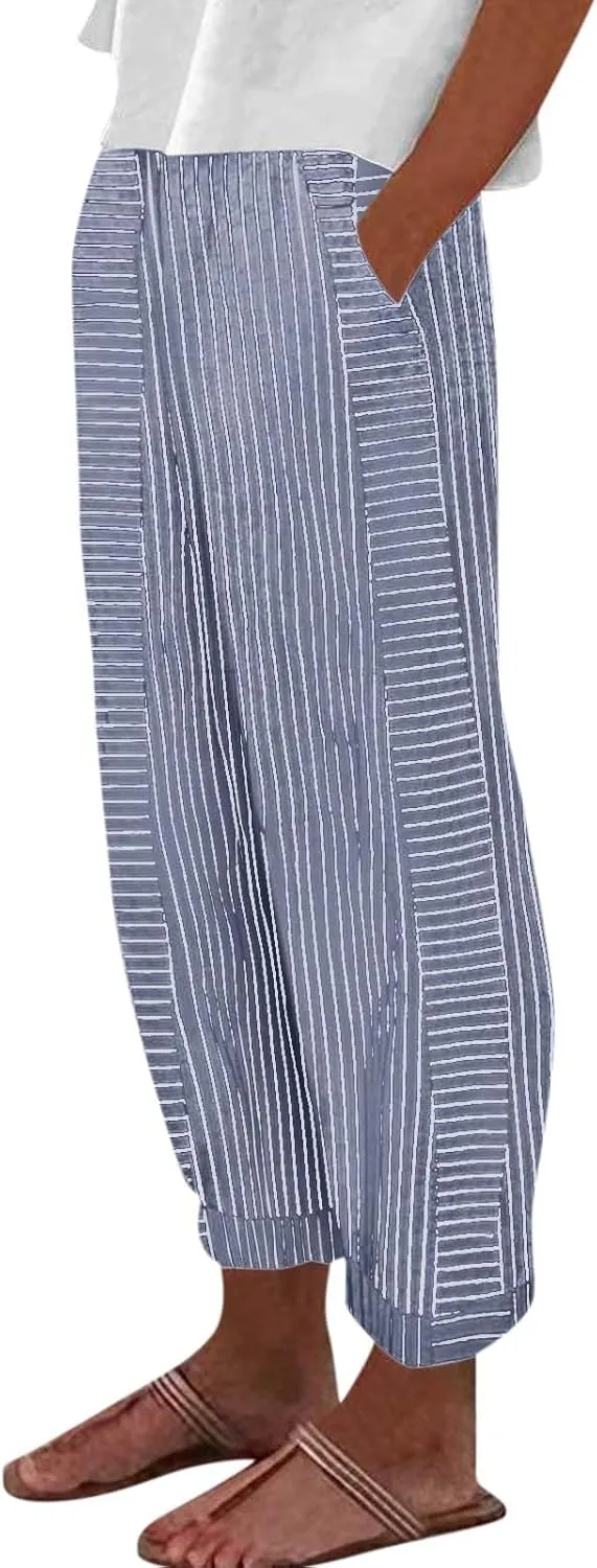 Linen Pants for Women 2025 Pants Stripe Print Side Trendy Pants Baggy Elastic Waist Straight Leg Comfy Beach Trousers