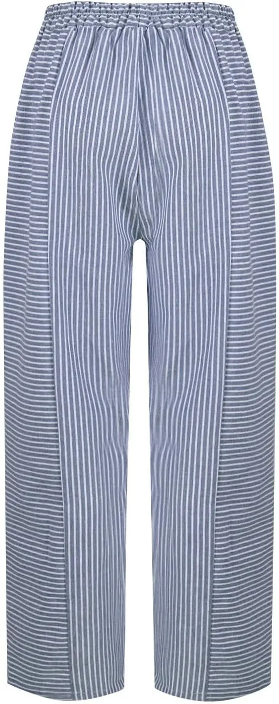 Linen Pants for Women 2025 Pants Stripe Print Side Trendy Pants Baggy Elastic Waist Straight Leg Comfy Beach Trousers