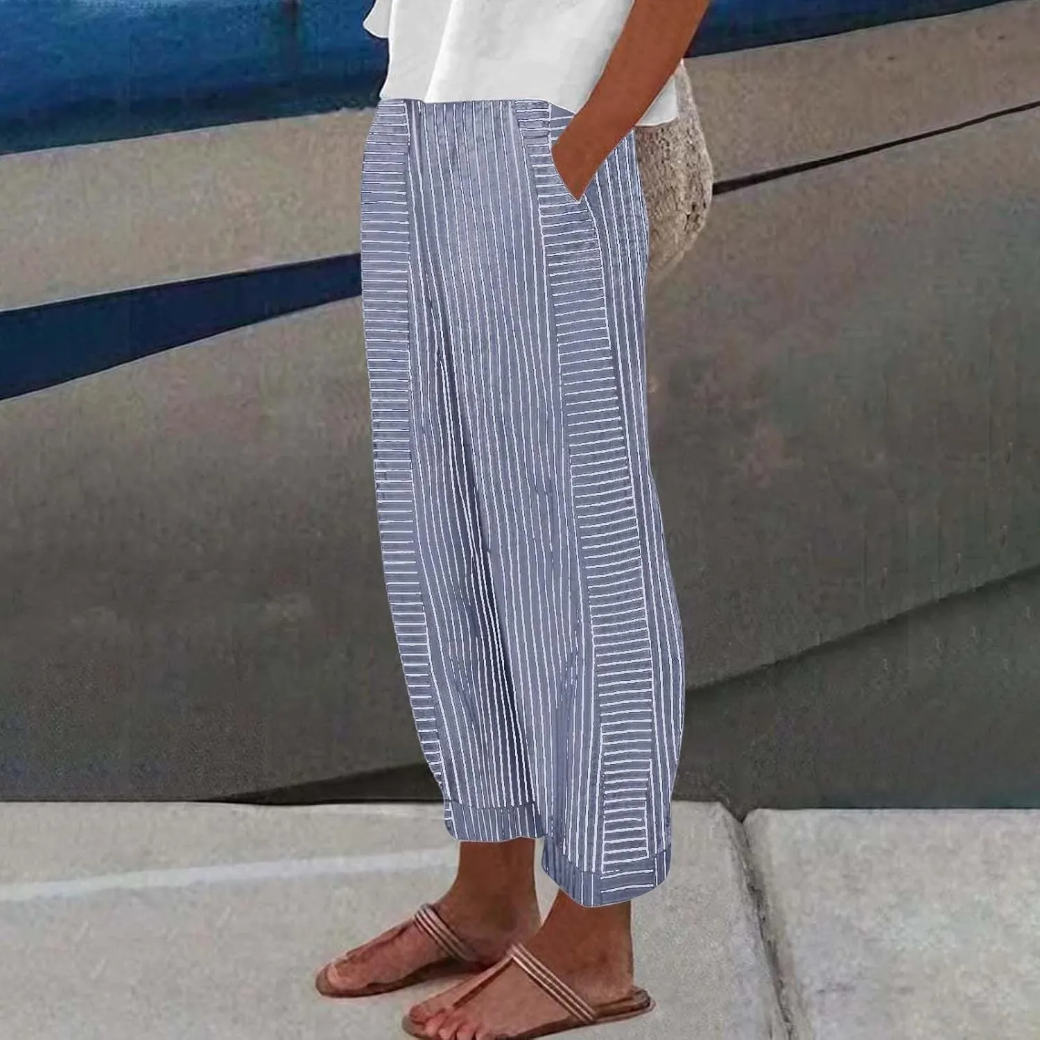 Linen Pants for Women 2025 Pants Stripe Print Side Trendy Pants Baggy Elastic Waist Straight Leg Comfy Beach Trousers