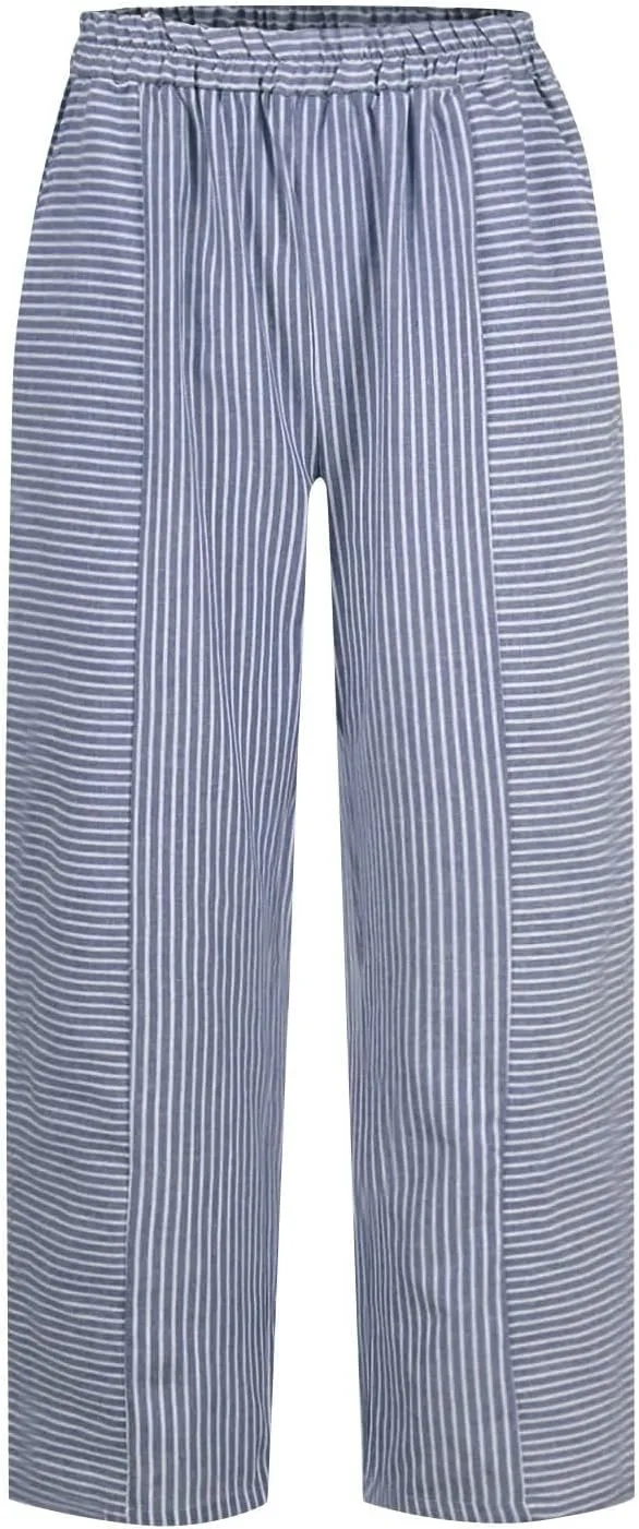 Linen Pants for Women 2025 Pants Stripe Print Side Trendy Pants Baggy Elastic Waist Straight Leg Comfy Beach Trousers