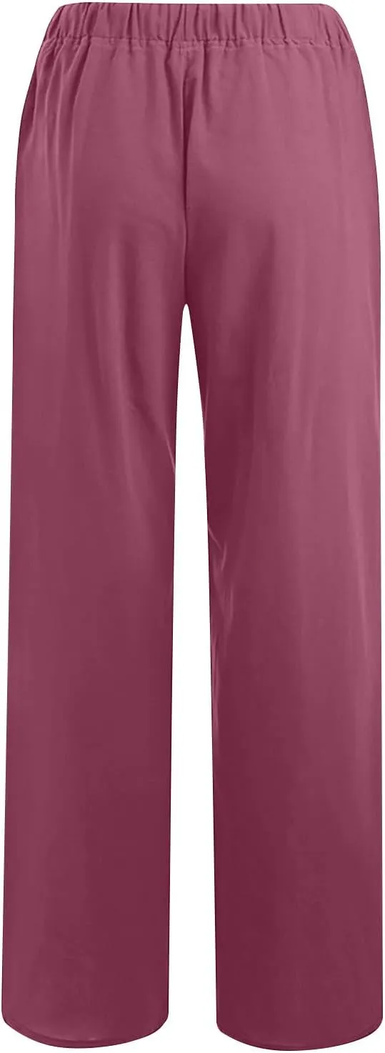 Linen Pants Women Summer 2025 Casual Drawstring High Waist Cotton Wide Leg Petite Pant Lounge Trousers with Pockets