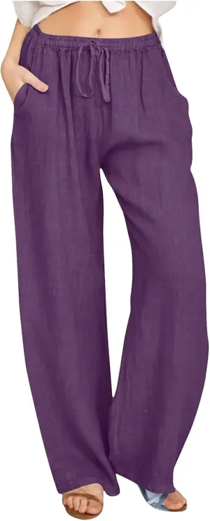 Linen Pants Women Summer 2025 Casual Drawstring High Waist Cotton Wide Leg Petite Pant Lounge Trousers with Pockets