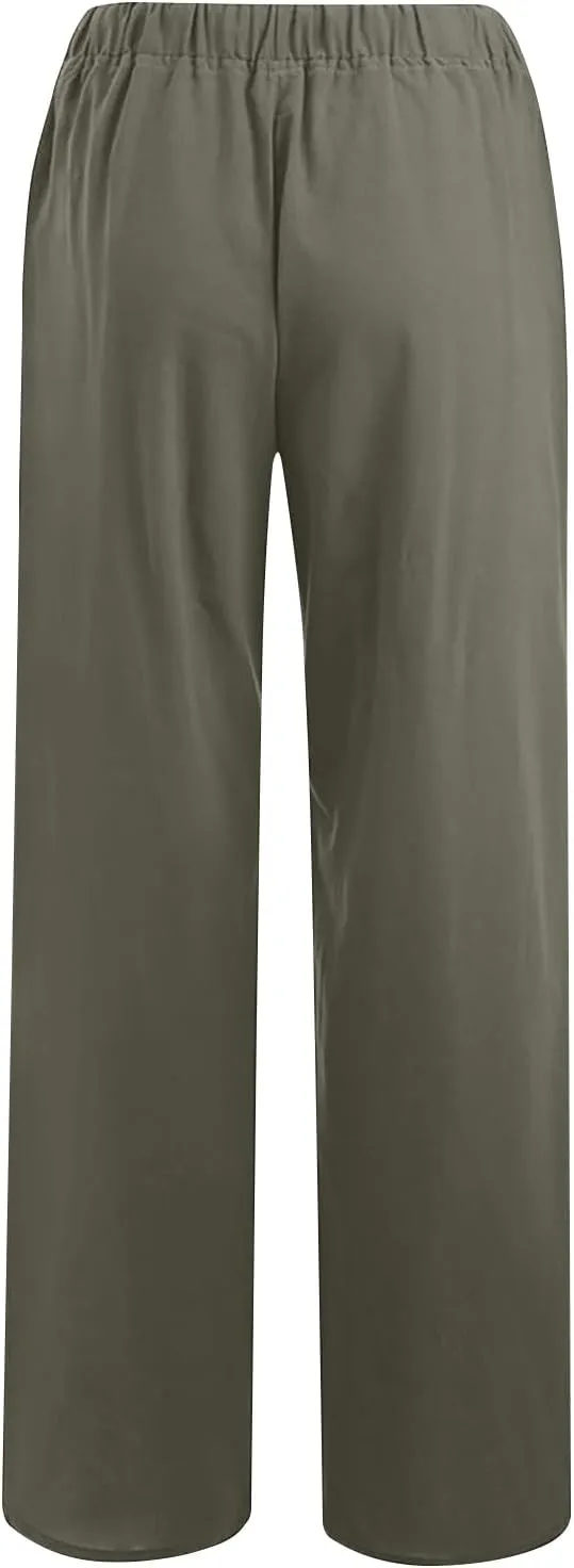 Linen Pants Women Summer 2025 Casual Drawstring High Waist Cotton Wide Leg Petite Pant Lounge Trousers with Pockets
