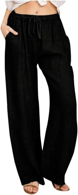 Linen Pants Women Summer 2025 Casual Drawstring High Waist Cotton Wide Leg Petite Pant Lounge Trousers with Pockets