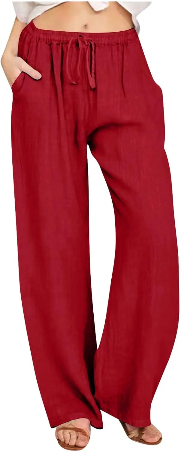 Linen Pants Women Summer 2025 Casual Drawstring High Waist Cotton Wide Leg Petite Pant Lounge Trousers with Pockets