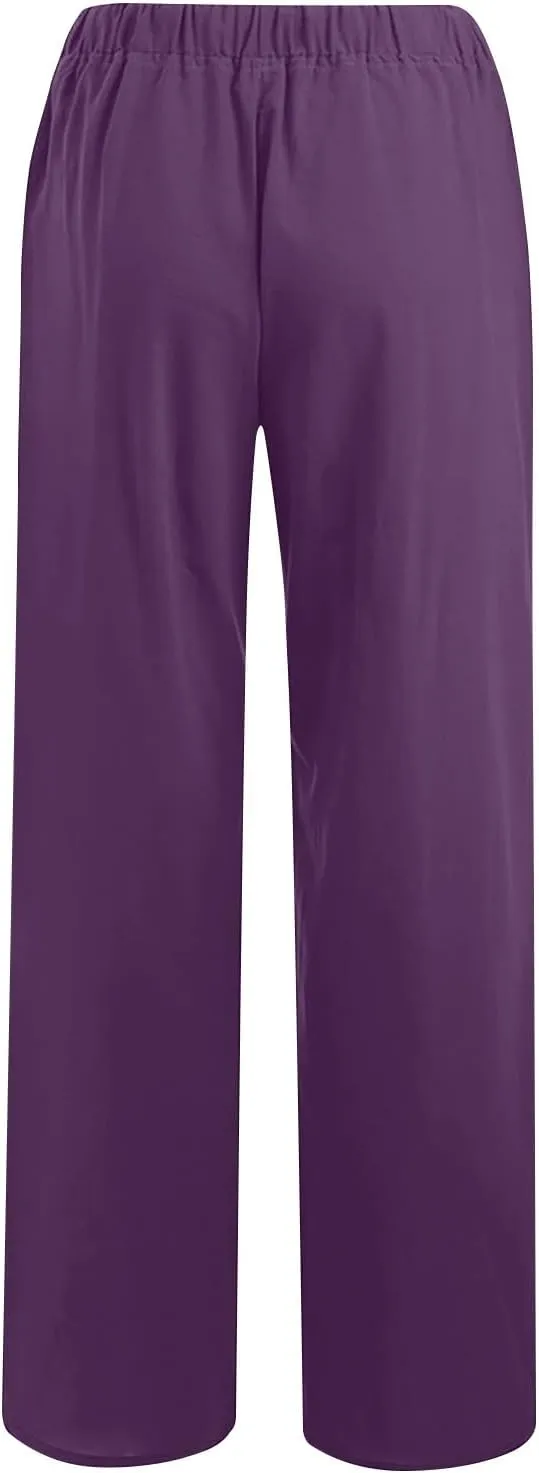 Linen Pants Women Summer 2025 Casual Drawstring High Waist Cotton Wide Leg Petite Pant Lounge Trousers with Pockets
