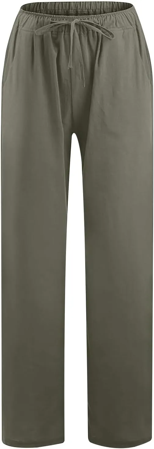 Linen Pants Women Summer 2025 Casual Drawstring High Waist Cotton Wide Leg Petite Pant Lounge Trousers with Pockets
