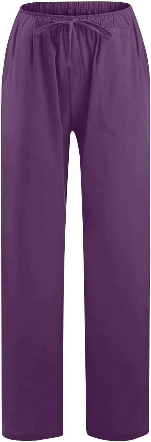 Linen Pants Women Summer 2025 Casual Drawstring High Waist Cotton Wide Leg Petite Pant Lounge Trousers with Pockets