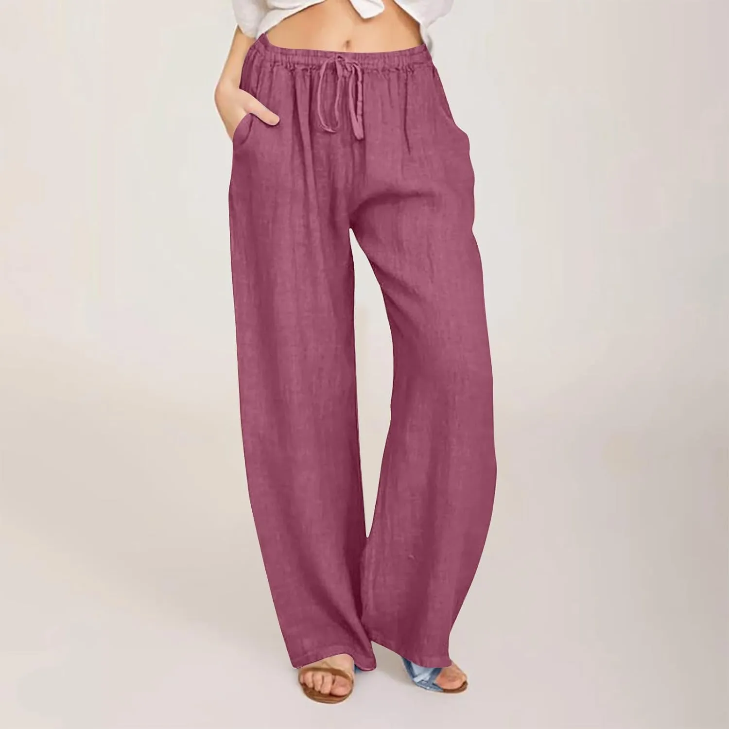 Linen Pants Women Summer 2025 Casual Drawstring High Waist Cotton Wide Leg Petite Pant Lounge Trousers with Pockets