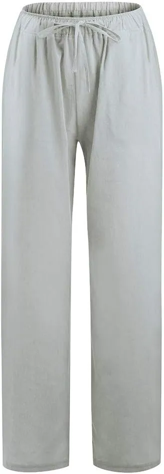 Linen Pants Women Summer 2025 Casual Drawstring High Waist Cotton Wide Leg Petite Pant Lounge Trousers with Pockets