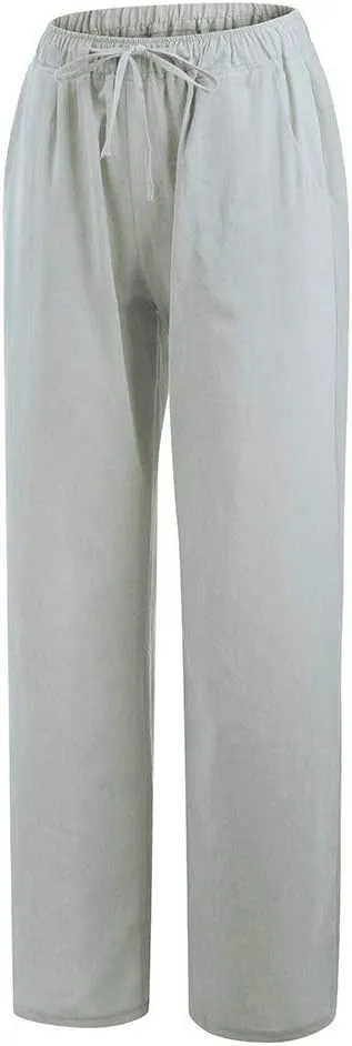 Linen Pants Women Summer 2025 Casual Drawstring High Waist Cotton Wide Leg Petite Pant Lounge Trousers with Pockets
