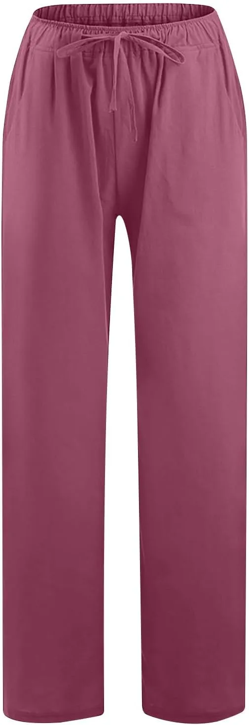 Linen Pants Women Summer 2025 Casual Drawstring High Waist Cotton Wide Leg Petite Pant Lounge Trousers with Pockets