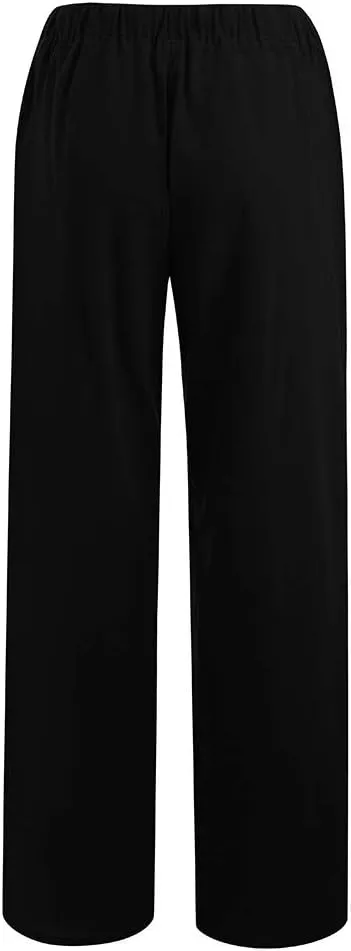Linen Pants Women Summer 2025 Casual Drawstring High Waist Cotton Wide Leg Petite Pant Lounge Trousers with Pockets