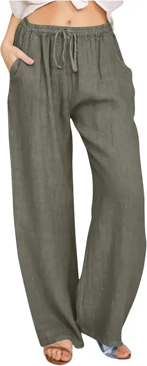 Linen Pants Women Summer 2025 Casual Drawstring High Waist Cotton Wide Leg Petite Pant Lounge Trousers with Pockets