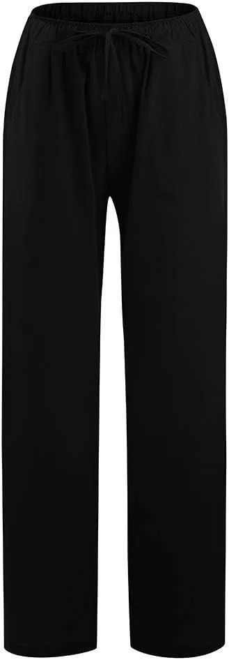 Linen Pants Women Summer 2025 Casual Drawstring High Waist Cotton Wide Leg Petite Pant Lounge Trousers with Pockets