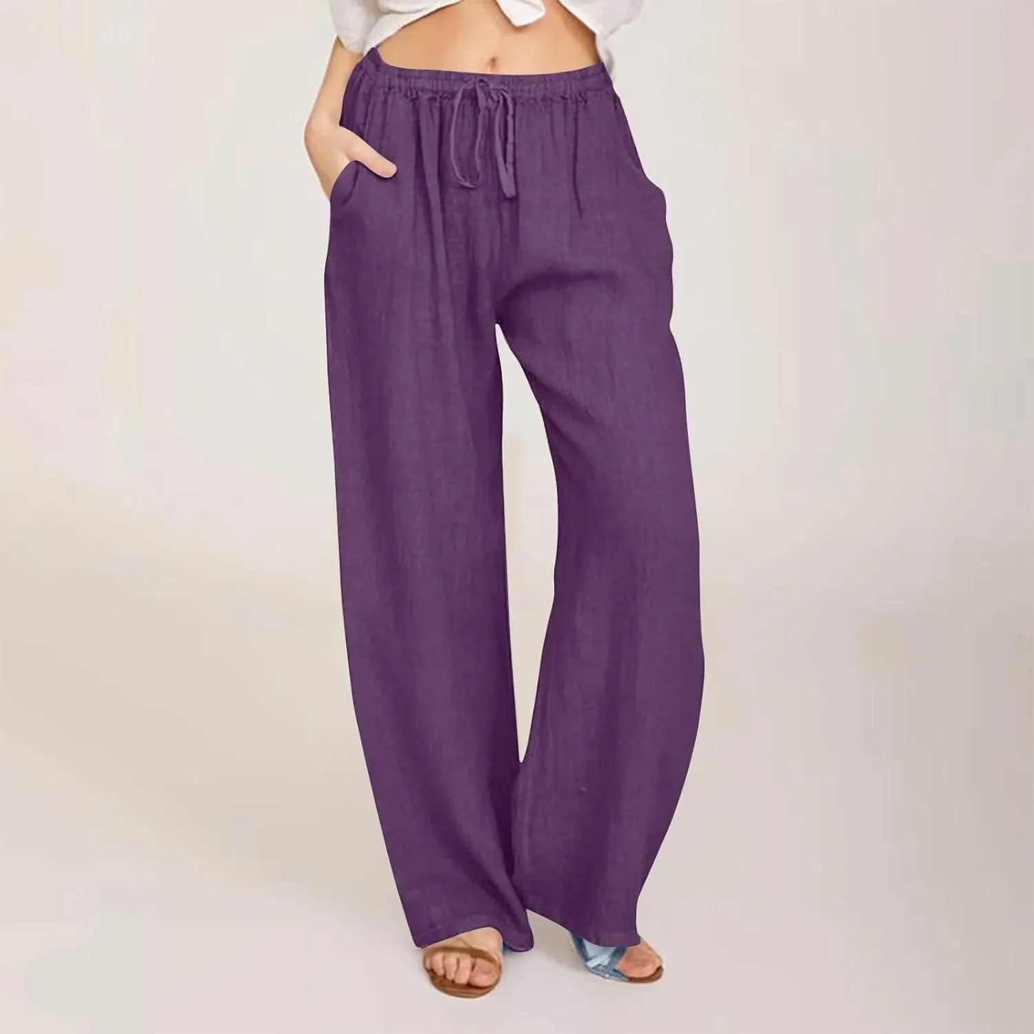 Linen Pants Women Summer 2025 Casual Drawstring High Waist Cotton Wide Leg Petite Pant Lounge Trousers with Pockets
