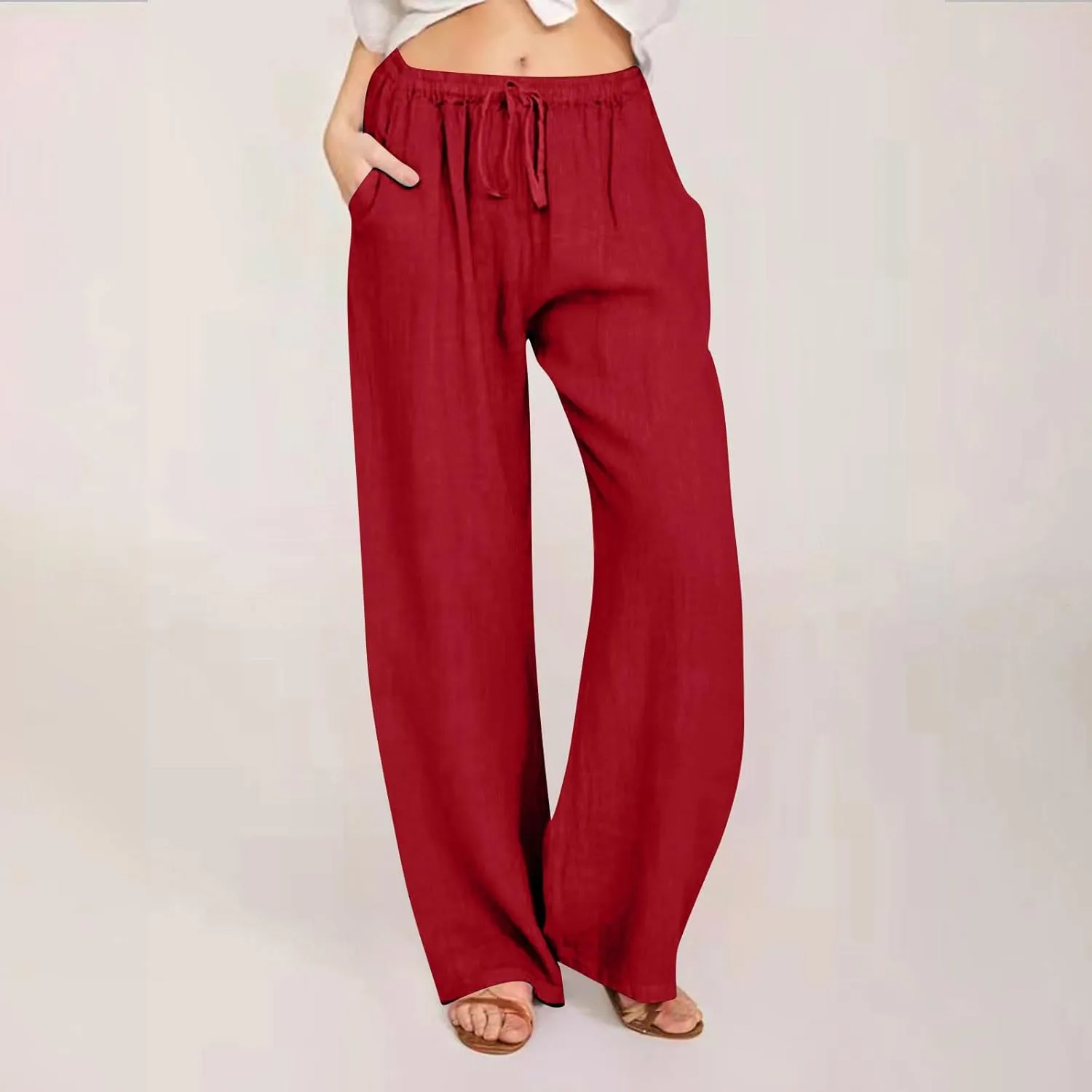 Linen Pants Women Summer 2025 Casual Drawstring High Waist Cotton Wide Leg Petite Pant Lounge Trousers with Pockets
