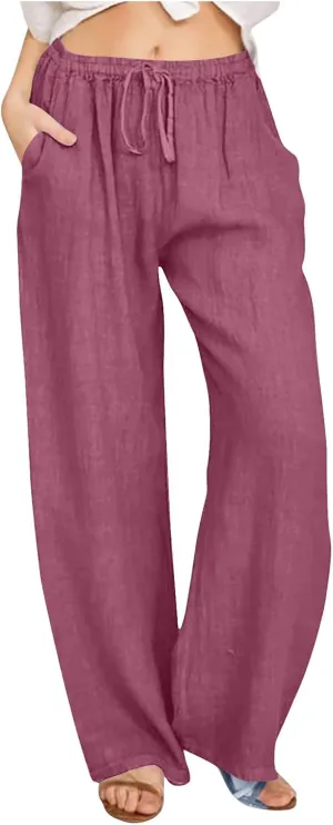 Linen Pants Women Summer 2025 Casual Drawstring High Waist Cotton Wide Leg Petite Pant Lounge Trousers with Pockets