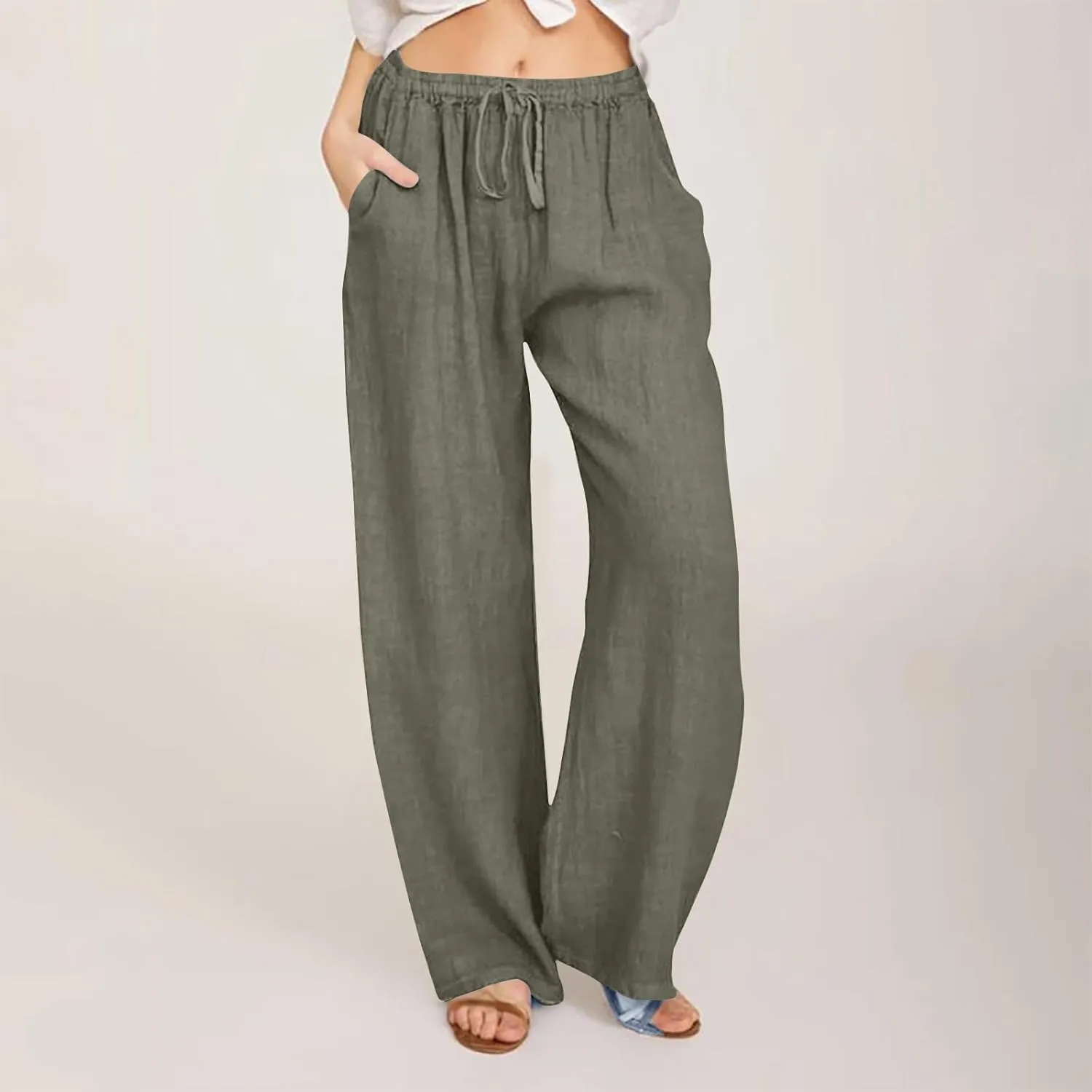 Linen Pants Women Summer 2025 Casual Drawstring High Waist Cotton Wide Leg Petite Pant Lounge Trousers with Pockets