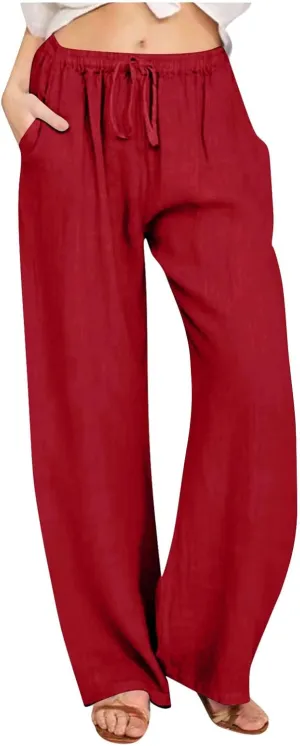 Linen Pants Women Summer 2025 Casual Drawstring High Waist Cotton Wide Leg Petite Pant Lounge Trousers with Pockets