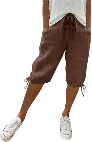 Linen Pants Women Summer Pants Ladies Loose Drawstring Casual Solid Color Shorts Wide Leg Casual Cotton Linen Pants