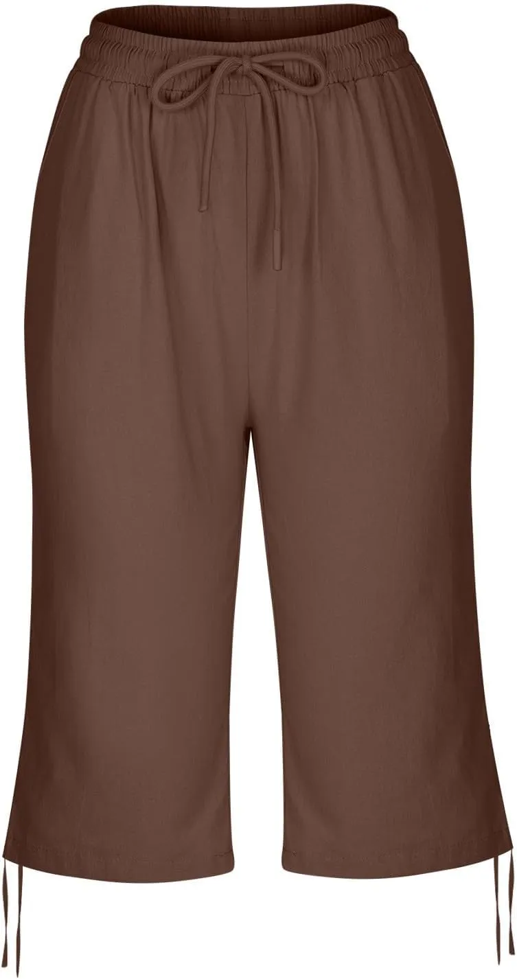 Linen Pants Women Summer Pants Ladies Loose Drawstring Casual Solid Color Shorts Wide Leg Casual Cotton Linen Pants