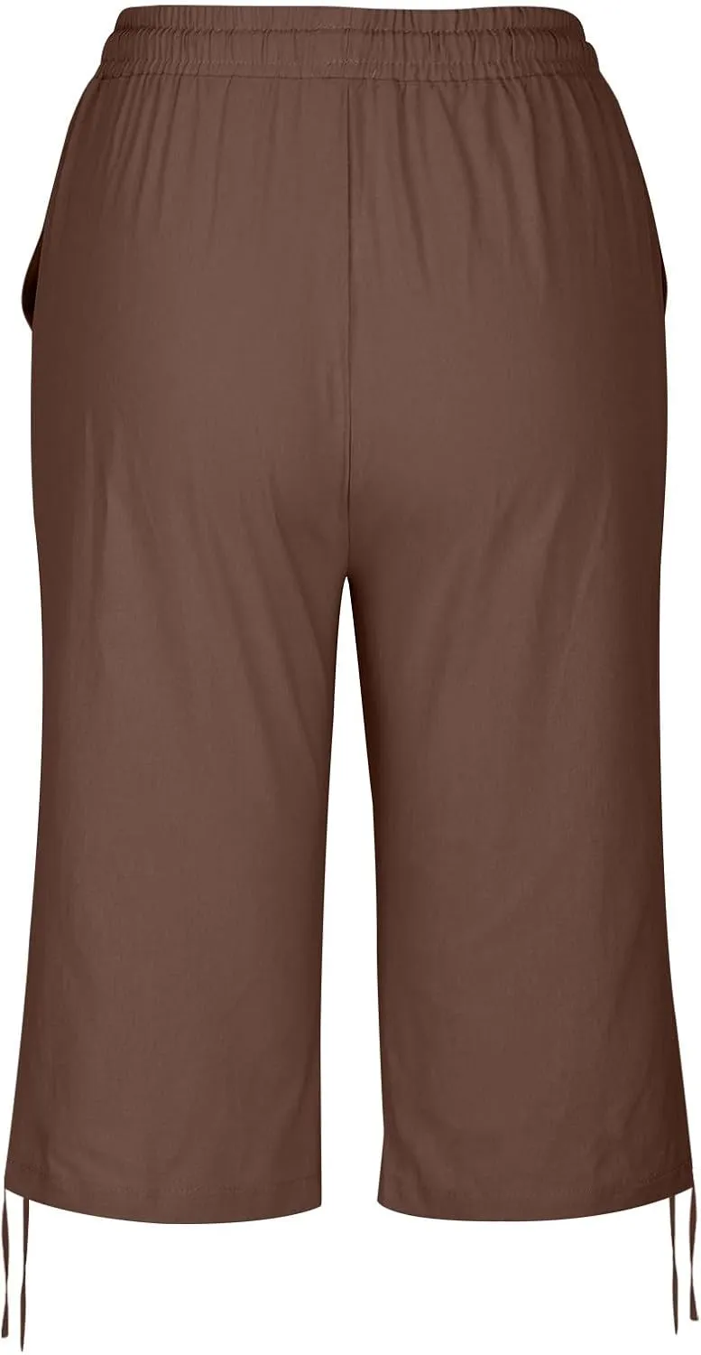Linen Pants Women Summer Pants Ladies Loose Drawstring Casual Solid Color Shorts Wide Leg Casual Cotton Linen Pants