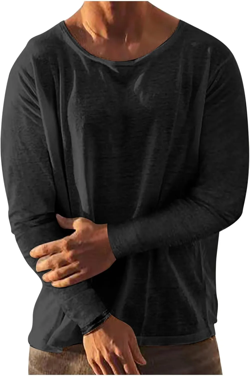 Linen Shirts for Men Long Sleeve Solid Lightweight Crew Neck Casual Shirts Summer Fashion Beach Pullover Tops