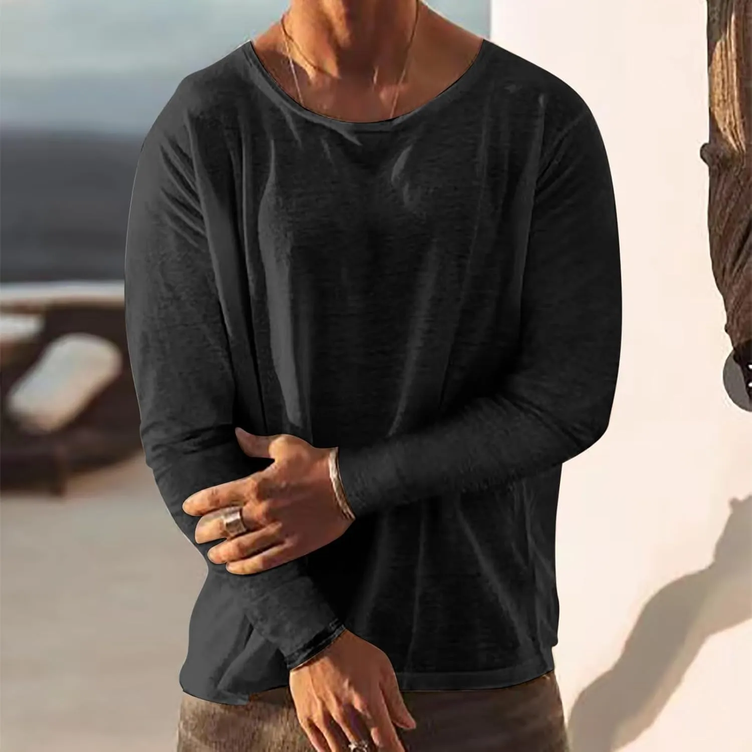 Linen Shirts for Men Long Sleeve Solid Lightweight Crew Neck Casual Shirts Summer Fashion Beach Pullover Tops