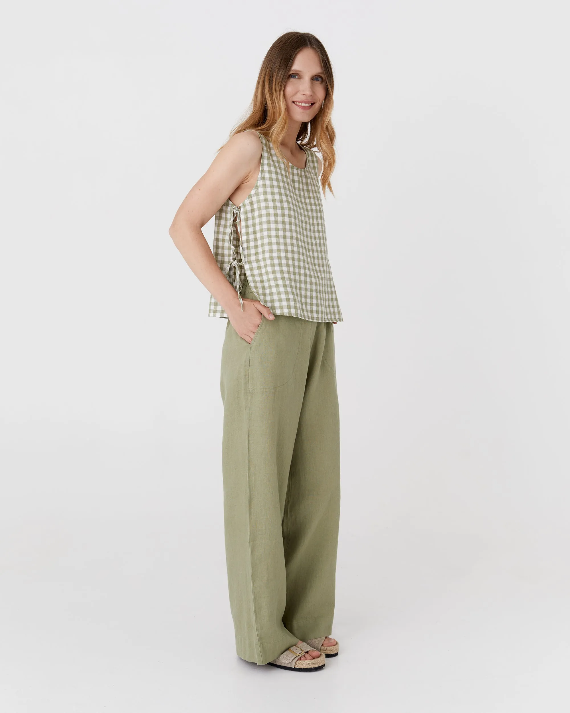 Linen top with ties LUCERNE in Sage gingham