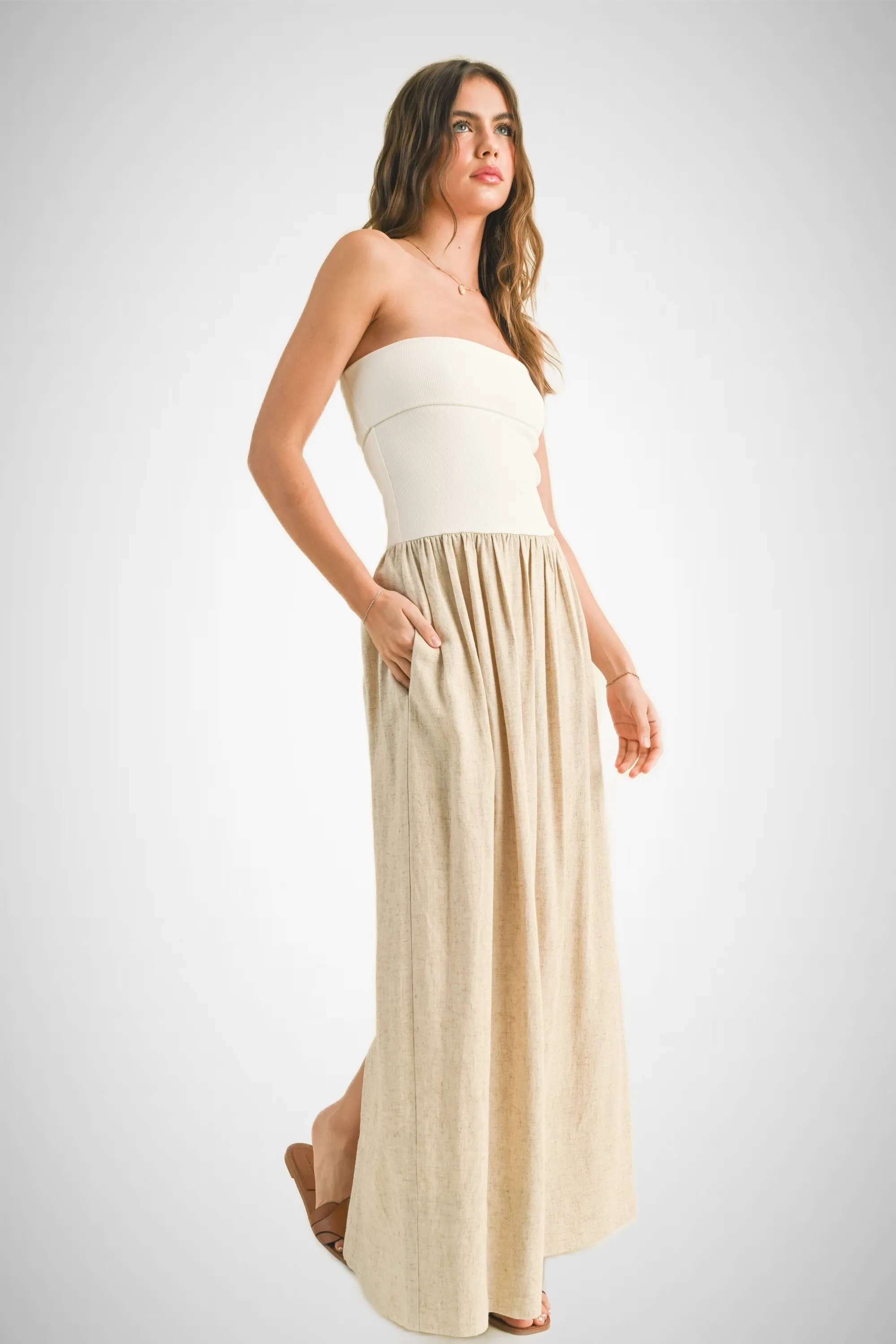 Linen With Ribbed Knitted Top Combo Dress