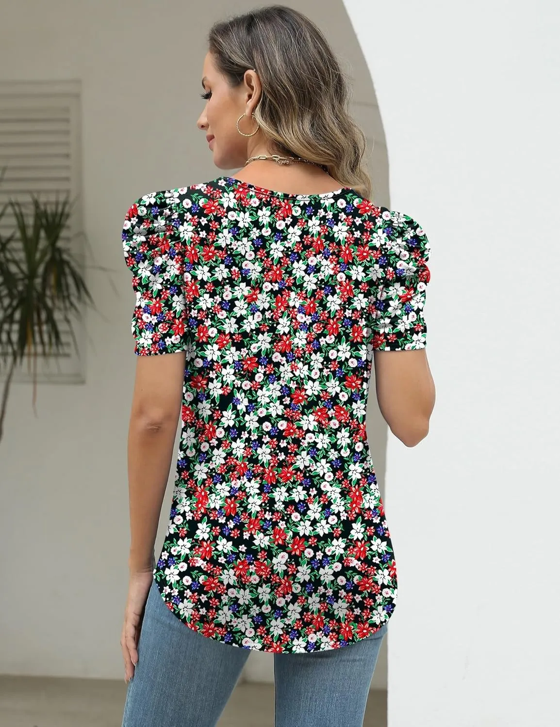 LOMON Womens Puff Short Sleeve Shirt Summer Tops V Neck Casual T Shirts Loose Fit Blouses