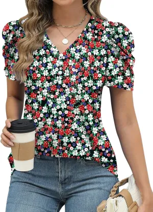 LOMON Womens Puff Short Sleeve Shirt Summer Tops V Neck Casual T Shirts Loose Fit Blouses