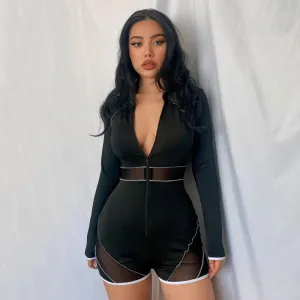 Long Sleeve Deep V-Neck Zipper Breathable Mesh Rompers