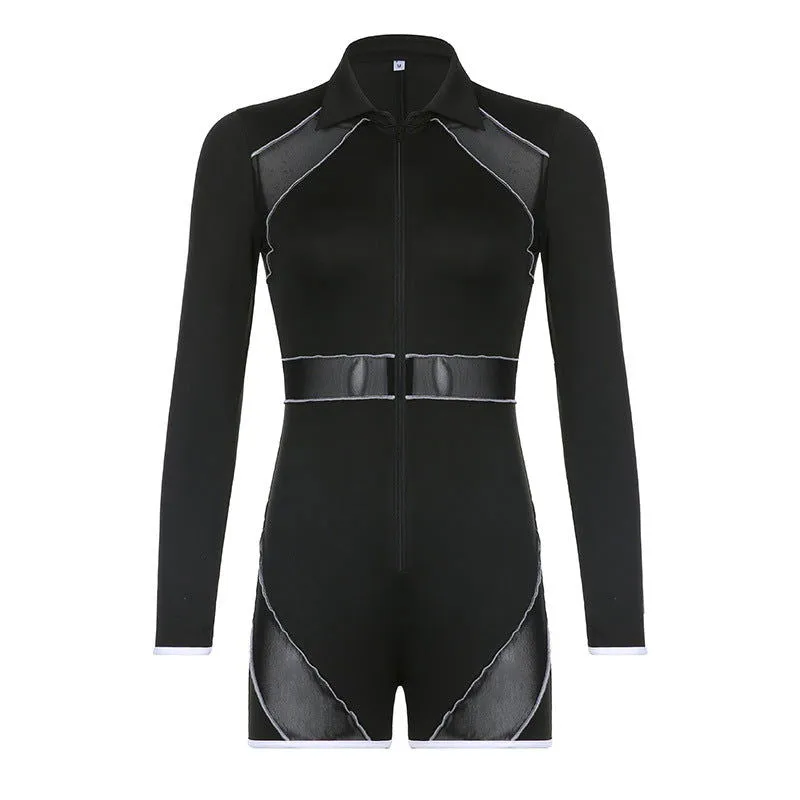 Long Sleeve Deep V-Neck Zipper Breathable Mesh Rompers