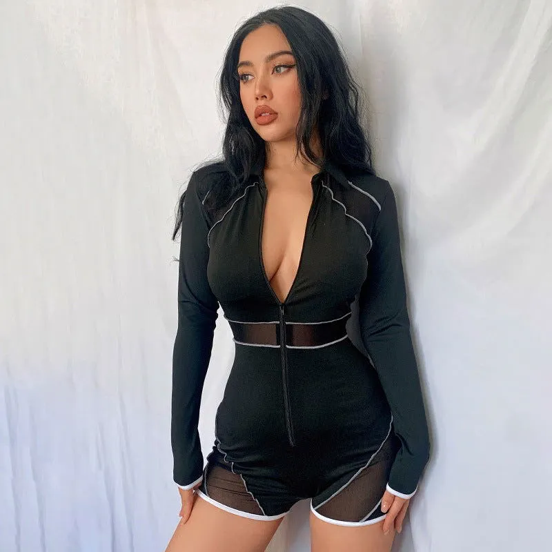 Long Sleeve Deep V-Neck Zipper Breathable Mesh Rompers