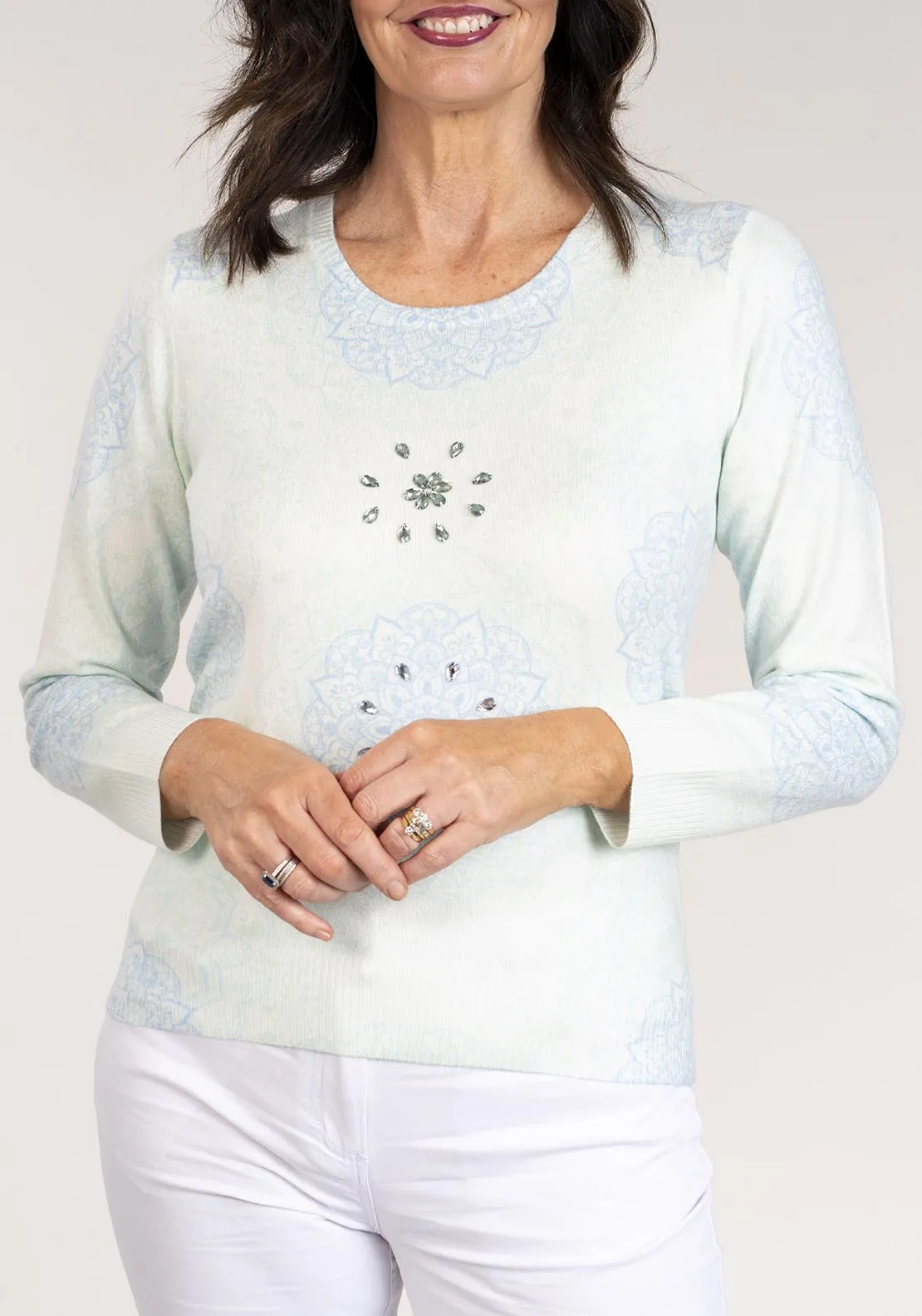 Long Sleeve Printed Sweater - Green