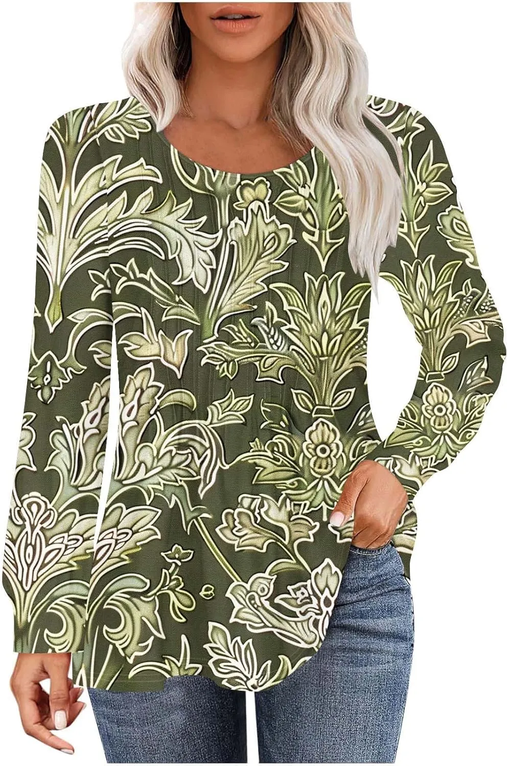 Long Sleeve Shirts for Women Crew Neck Pleated Tunic Blouses Daily Comfy Casual Basic Tees Fall Trendy Tops