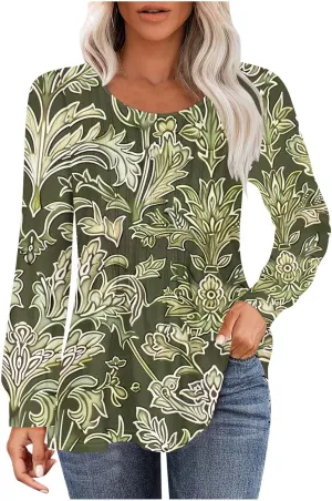 Long Sleeve Shirts for Women Crew Neck Pleated Tunic Blouses Daily Comfy Casual Basic Tees Fall Trendy Tops