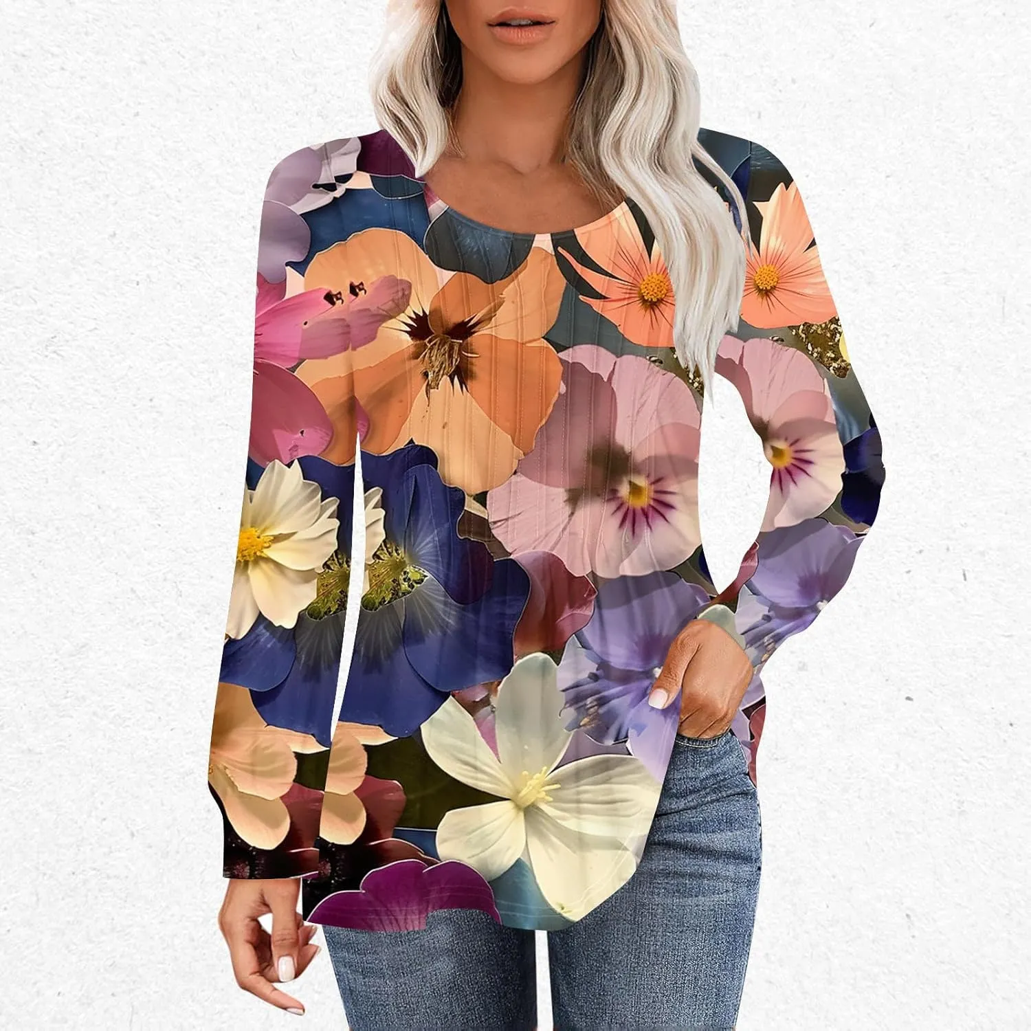 Long Sleeve Shirts for Women Crew Neck Pleated Tunic Blouses Daily Comfy Casual Basic Tees Fall Trendy Tops