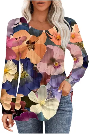 Long Sleeve Shirts for Women Crew Neck Pleated Tunic Blouses Daily Comfy Casual Basic Tees Fall Trendy Tops