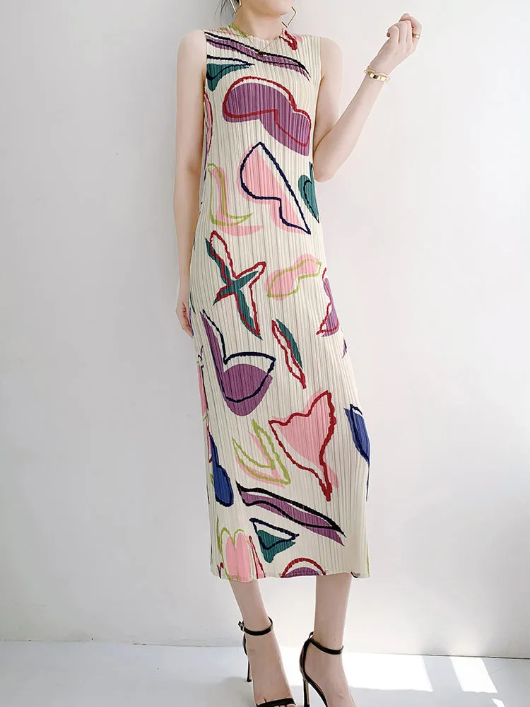 Loose Round Neck Sleeveless Printed Pleated Dress