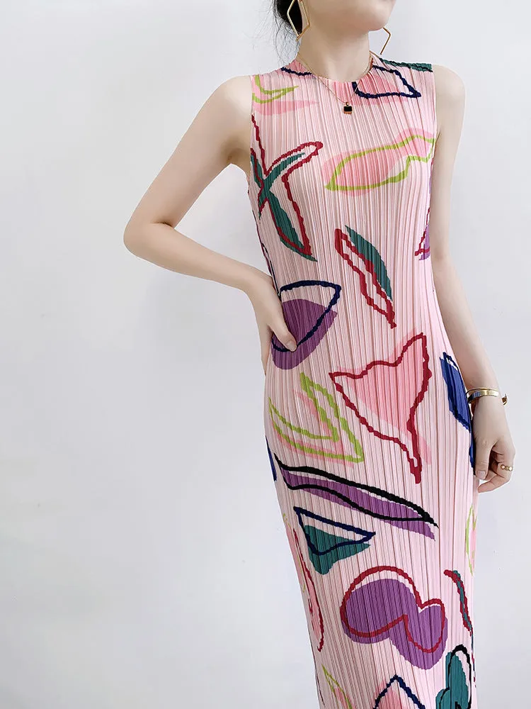 Loose Round Neck Sleeveless Printed Pleated Dress